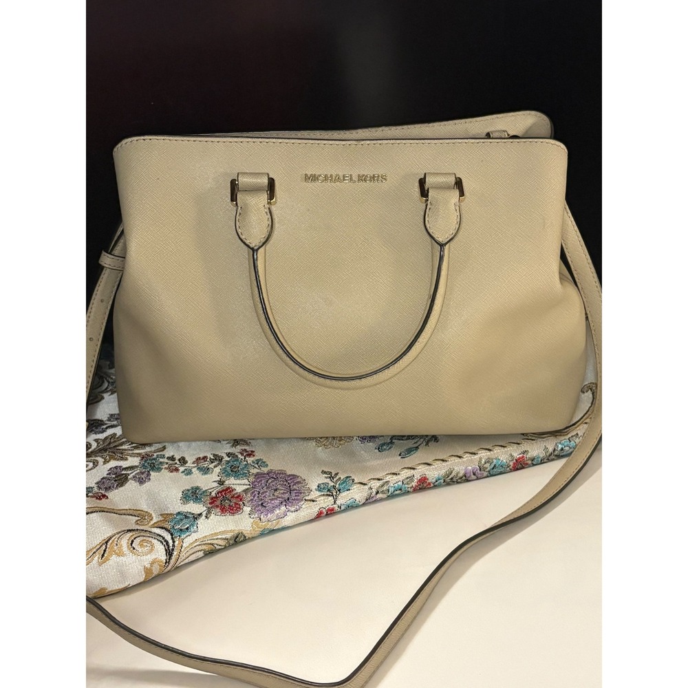Michael Kors Beige Saffiano Leather Satchel Crossbody Handbag Gold Hardware